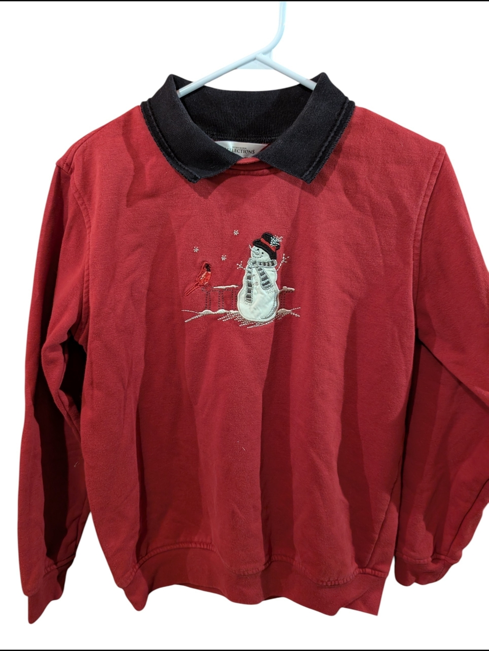 Vintage Northern Reflections Red Crewneck Sweater with Snowman & Bird Embroidery